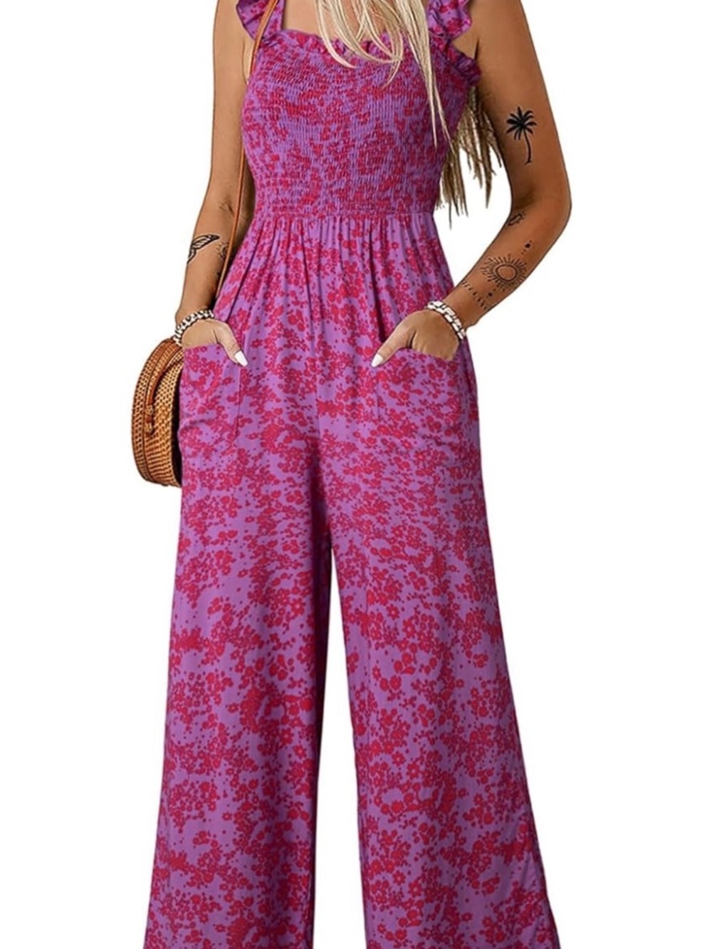 Women's Pink Floral Wide-Leg Jumpsuit